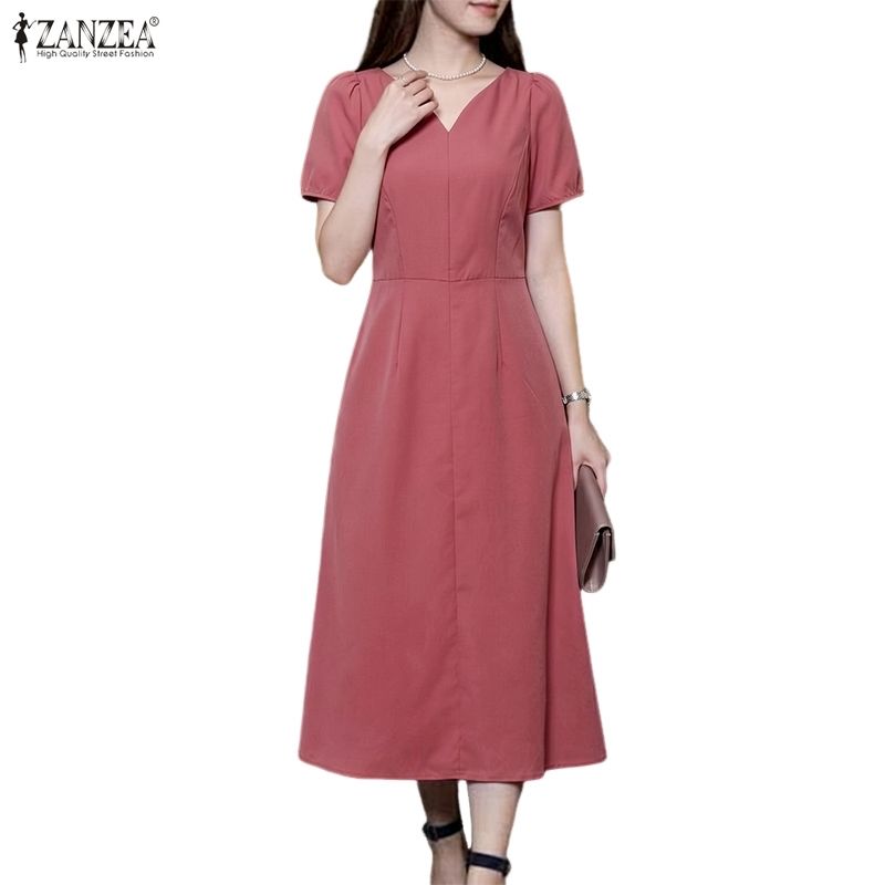 ZANZEA Women Casual V-Neck Solid Color Summer Short Sleeve Dress