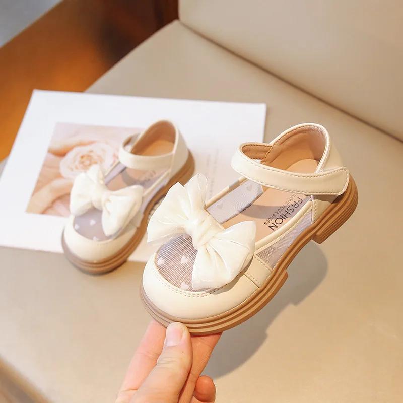 Kids Leather Shoe Elegant Bowtie Girls Princess Mary Jane Shoes Patchwork Breathable Children Causal Dress Shoes Thick Bottom