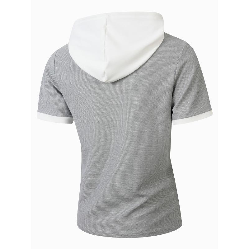 Men's Waffle Knit Color Block Hooded Drawstring Button Short Sleeve T-Shirt.