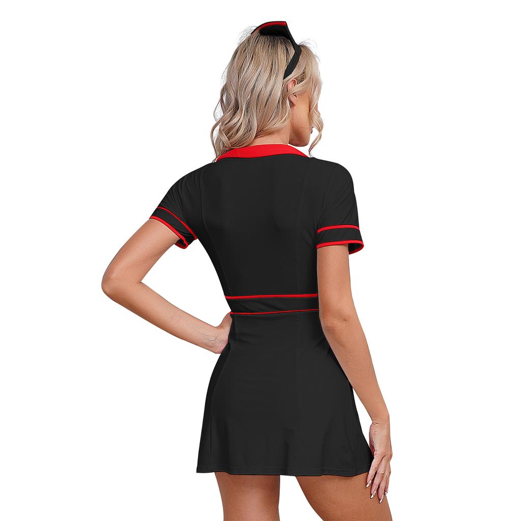 Womens Nurse Dress and Hat Costume Set Short Sleeve Front Zipper Cross Patch Dress with Headwear