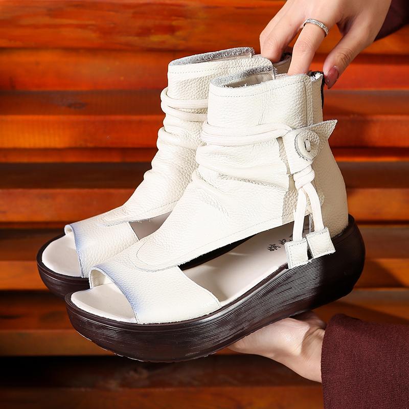 Fashion GKTINOO Ladies Sandals 2025 New Spring Retro Women Shoes Genuine Leather Zip Flat With Sewing Handmade Platform Sandals