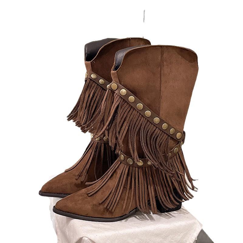 Pointed High Heels Western Denim Rivets Fringed Short Boots Women's 2025 Autumn and Winter New Fashion Wedge Heel Martin Boots