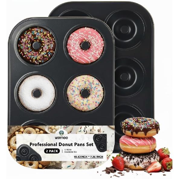 WERTIOO Donut Pans 2 Pack, Non-Stick 6-Cavity Mini Baking Pans, High-grade Carbon Steel Donut Mold - Bagels Doughnuts Biscuit Cake Baking Tray Maker
