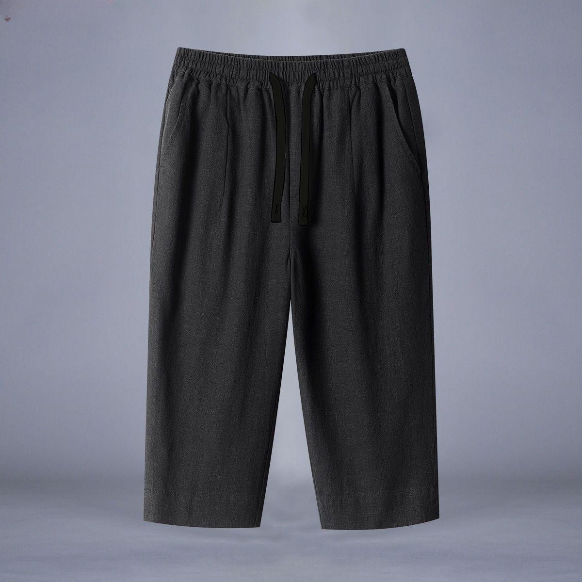 

Мужские летние брюки из хлопка и льна с 7-точечными застежками, свободные тонкие прямые шорты, льняные пляжные брюки больших размеров S чёрный