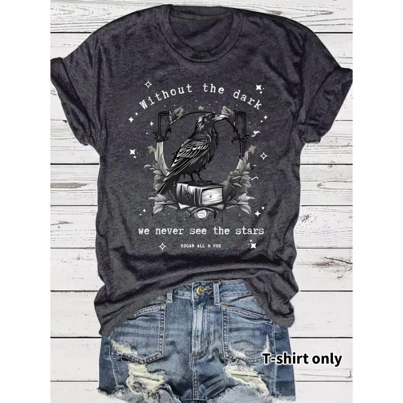 Women's Art Crow and Book Design Print Casual Short-sleeved Round-neck T-shirt