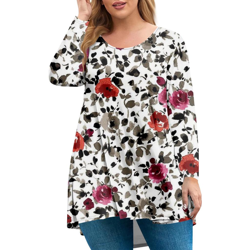 Damen Übergröße Oberteil, Gartenkragen Langarmhemd, Modisches Blumenmuster Freizeit-Top