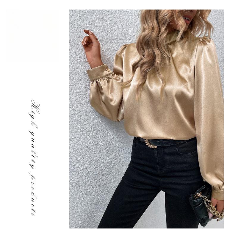 Dámská košile se stojáčkem a lucernovými rukávy, saténová, všestranná, s dlouhým rukávem, halenky a košile