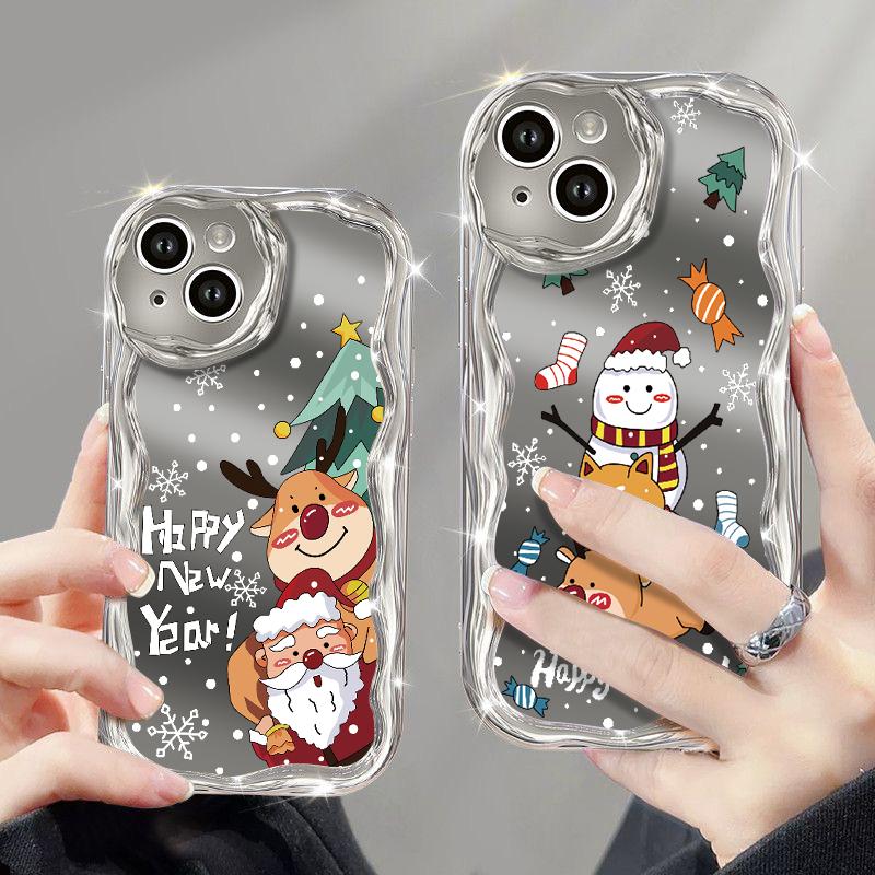 Roztomilý Merry Christmas Pattern Mirrror Shockproof Phone Case pro iPhone 15 Pro Max 14 13 Pro 12 11 Wave Frame Ochrana čočky Lesklé pokovování měkký kryt