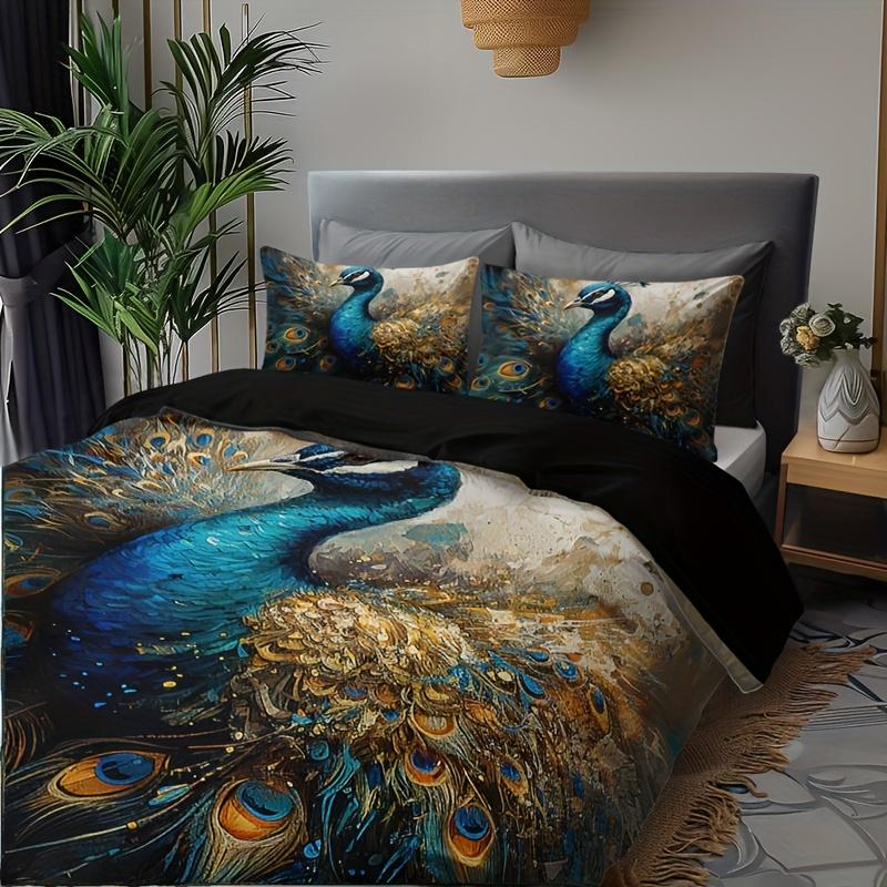 3pcs Duvet Cover Set, 1 Duvet Cover + 2 Pillowcases (No Inserts), Home & Dormitory High-Definition Printed Golden Peacock Floral
