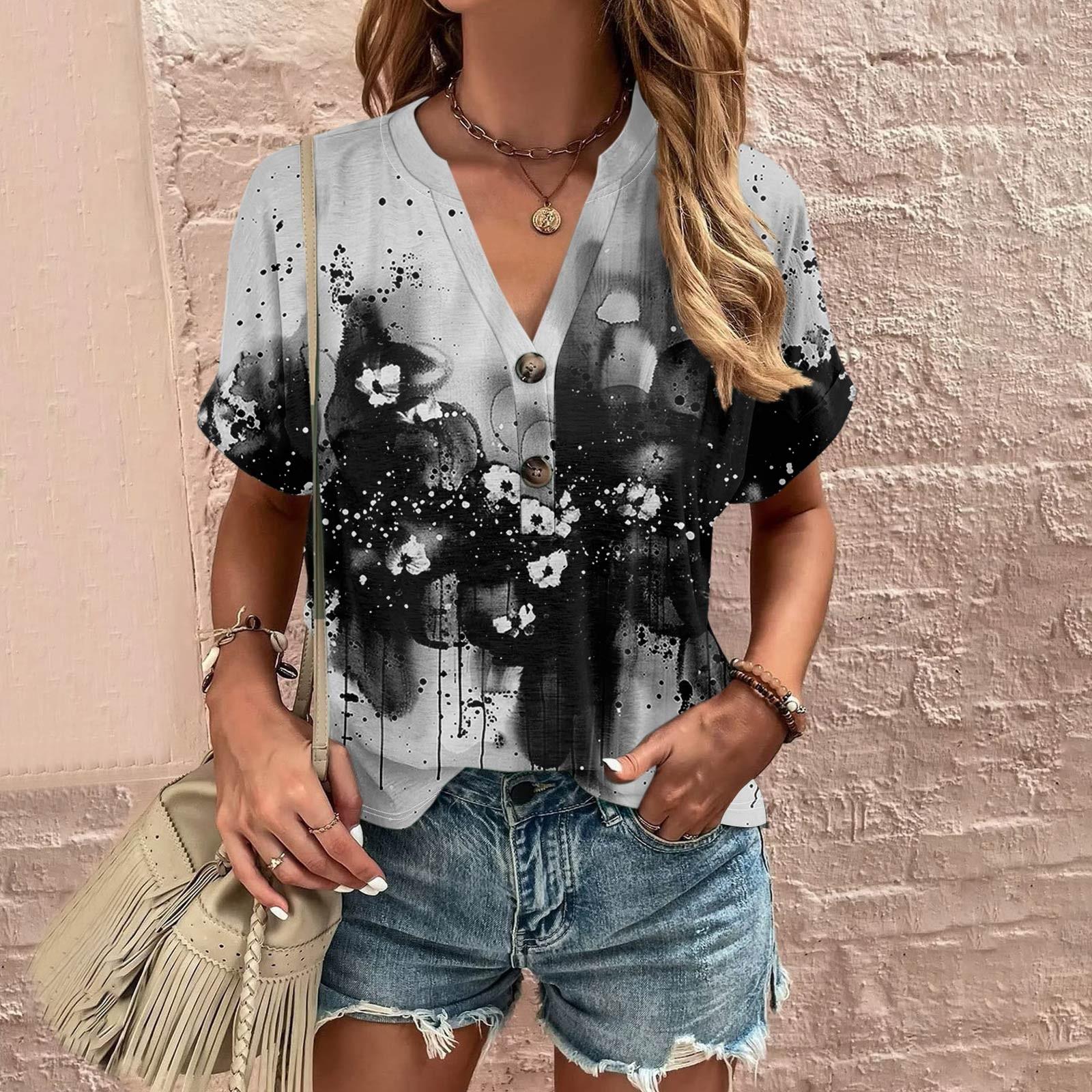 

Женская рубашка, блузка, пуговицы, винтажный принт, короткий рукав, повседневный базовый топ, пуловер L чёрный