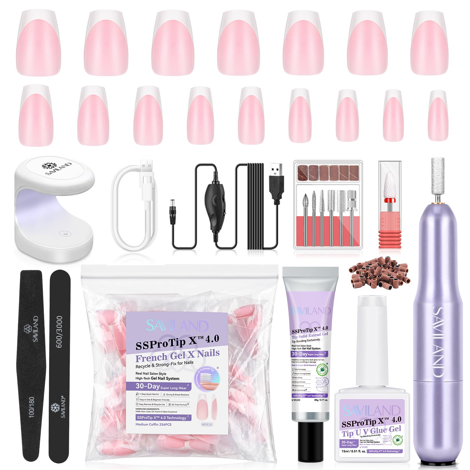 Saviland Nail Everlasting Gel Nail Pink Medium Coffin Nail Full Soft Gel Fake Solid Nail Glue UV Nail French Tip Home DIY 256-Piece Press-On Kit
