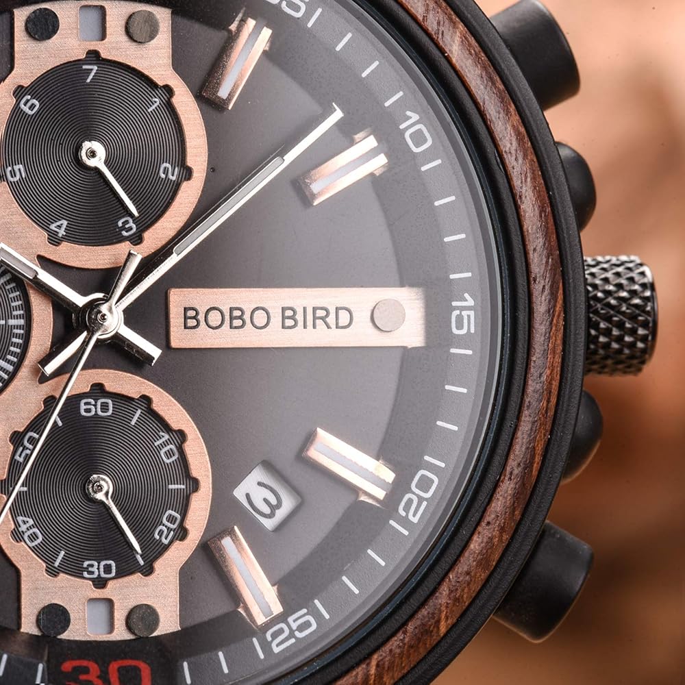 Bobo Bird S18-1 Men's Stylish Wooden Watch Black Stainless Steel Chronograph Luminous Pointer 44mm Fashion Watch