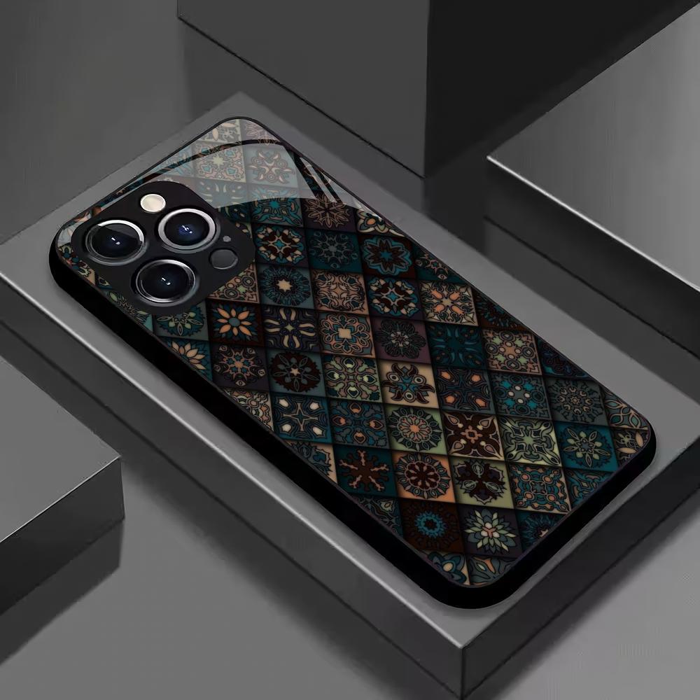 Retro Pattern Tempered Glass Mobile Phone Case Suitable for iPhone 17Promax Anti-fall 16 15 14 13 12 11Pro/ Max /Plus Shockproof