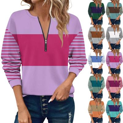 Women Casual Long Sleeve Basic Quarter Zipper Color Blocking Pullover Sweatshirts Casual Top Fall Clothes
