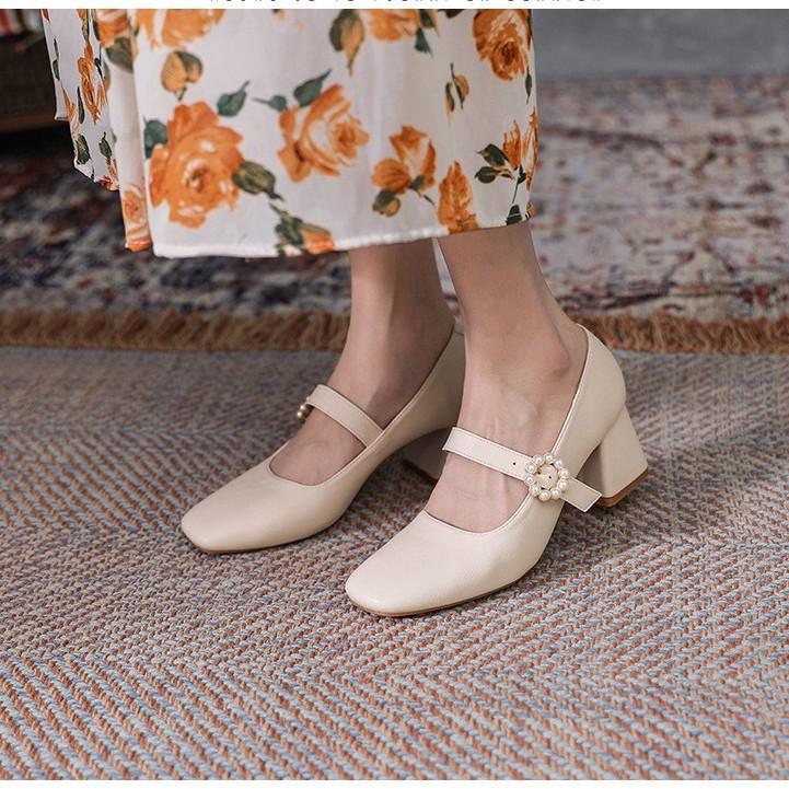 Mary Jane Shoes Year-Old Leather Versatile Square Head Evening Shoes Gentle Wind Low Heel Thick Heel Fairy Single Shoes Female