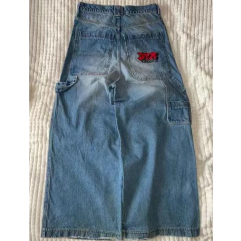 American Harajuku Vintage Print Jeans Y2K Men Washed Gray Straight Pants Street Gothic Loose Unisex Trousers Tide