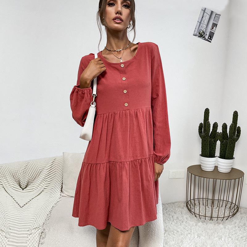 

Европейское и американское женское плиссированное повседневное платье с длинным рукавом из хлопка и льна XL красное дерево