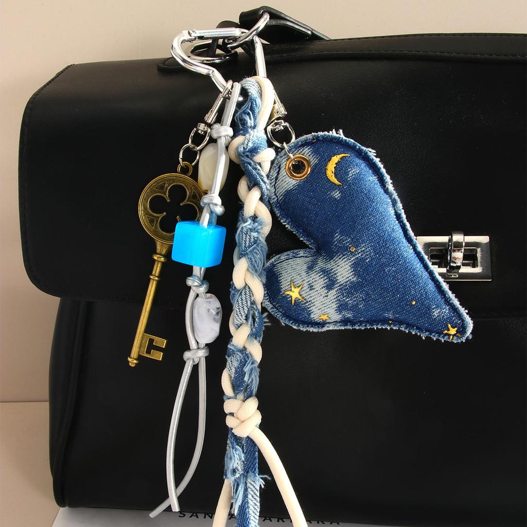 Cross-border retro denim love pendant pendant resin beaded key braided rope bag pendant keychain