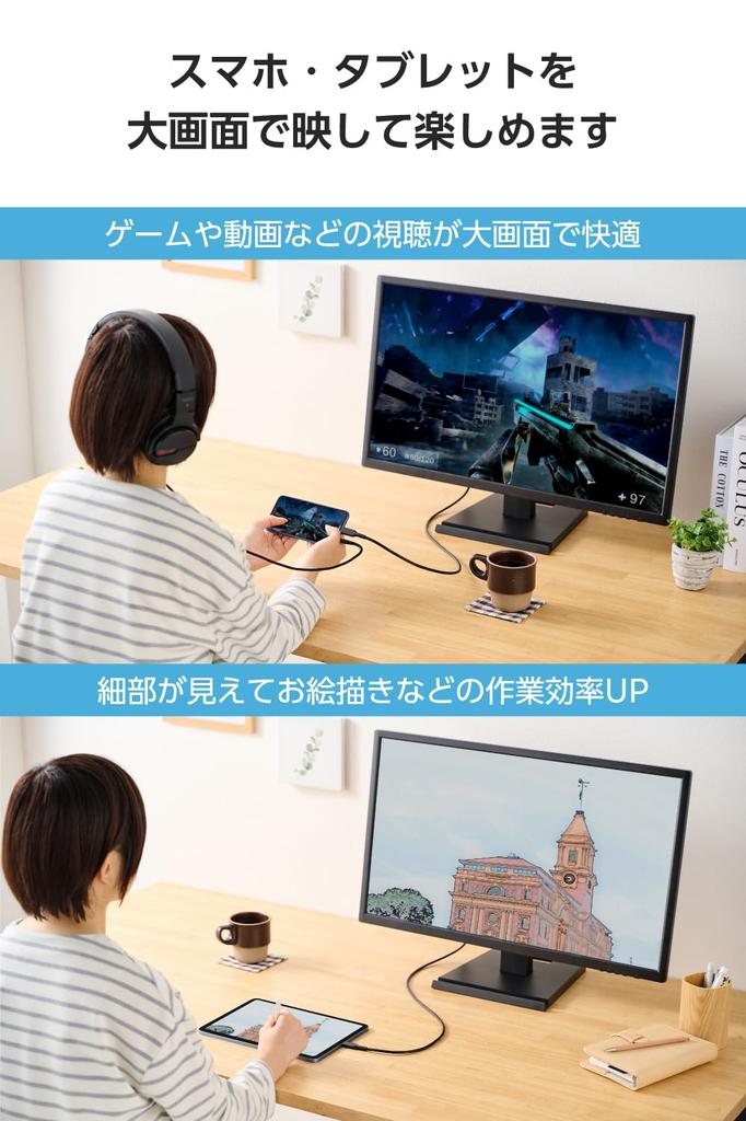 Elecom Na HDMI Konverze Kompatibilní s Google a Černý USB-C Kabel, 2m, 4K/60Hz, Vysoká Zátěž, Zrcadlení Více Displejů, iPhone, Pixel, Xperia,