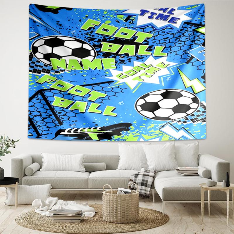 Custom Name Soccer Print Tapestry, Backdrop, Easy Setup, Ideal for Bedroom, Office & Living Room, with Aesthetic Wall Hanging Decor.