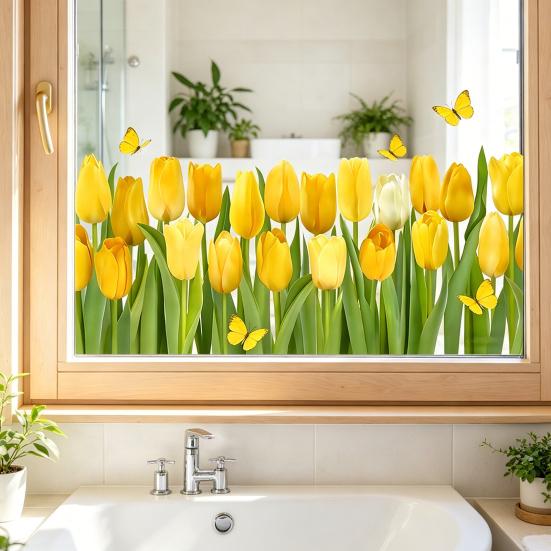 Adesivo per Finestra Fiore di Tulipano, Decalcomanie Floreali Primaverili con Farfalle per Festa di Primavera Casa Scuola Ufficio Negozio Decorazione Vetro