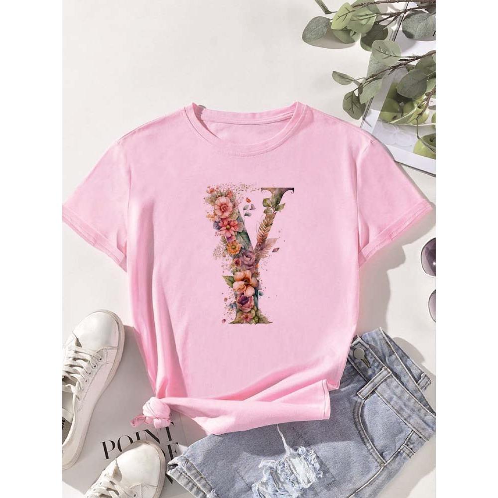

A B C D E English Alphabet Floral Print Pink T Shirt Women New Summer Female T-Shirt Harajuku Casual Tops Tshirts S