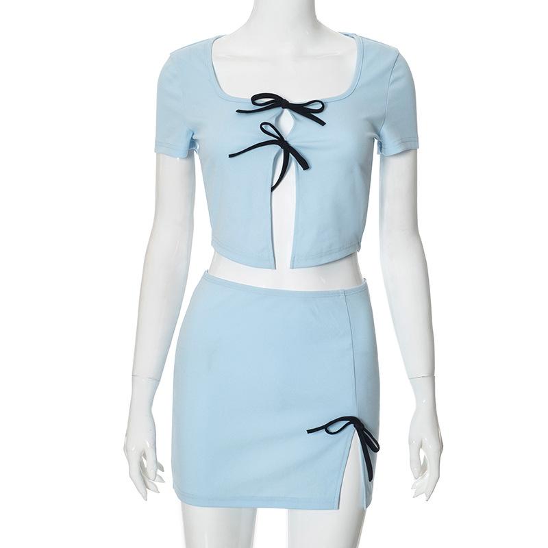 

Женский летний новый повседневный простой однотонный бантовый короткий пиджак с короткой юбкой костюм 2025 M синий