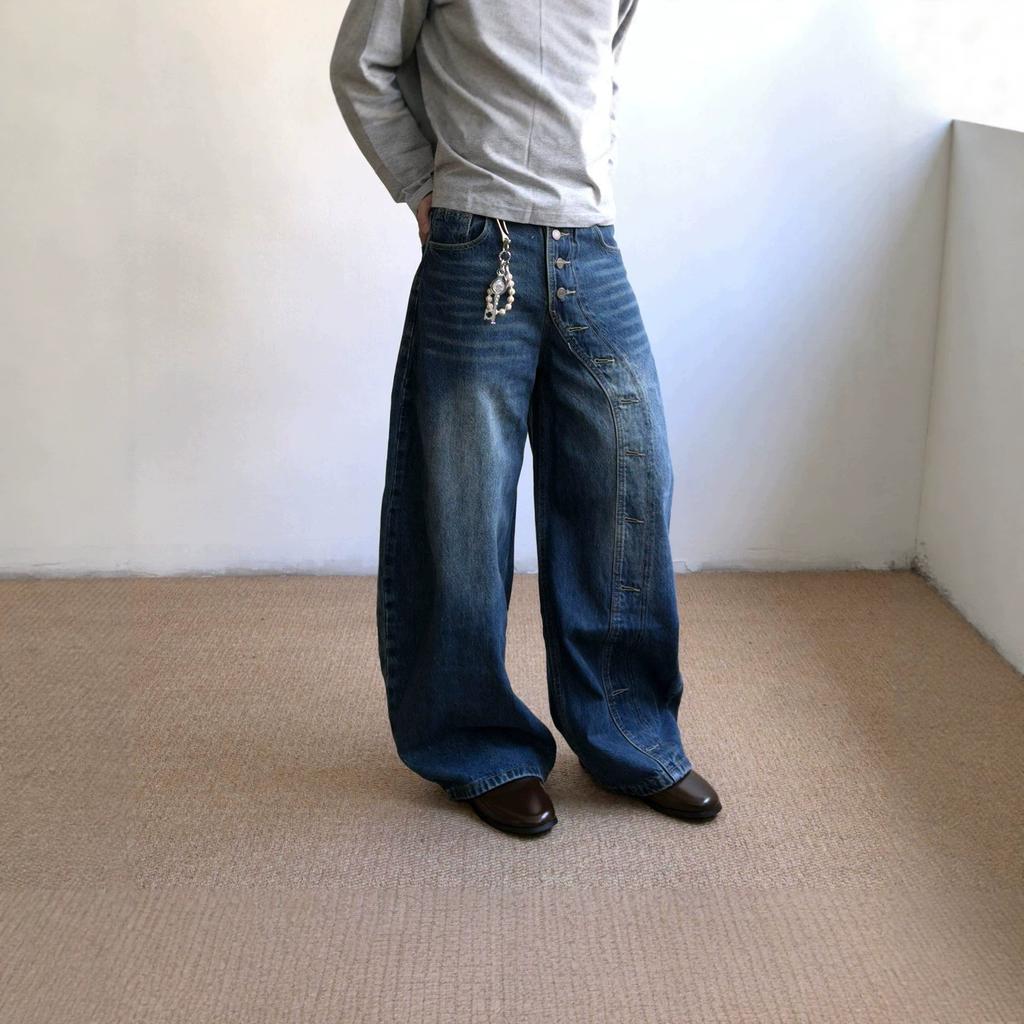 Street trendy brand scimitar jeans men's American retro breasted design loose and lazy casual wide-leg trousers