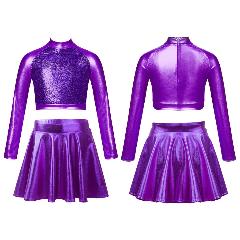 Kids Girls Glossy Metallic Dance Outfit Long Sleeve Sequin Crop Top Skating Short Skirt Suit for Figure Skating