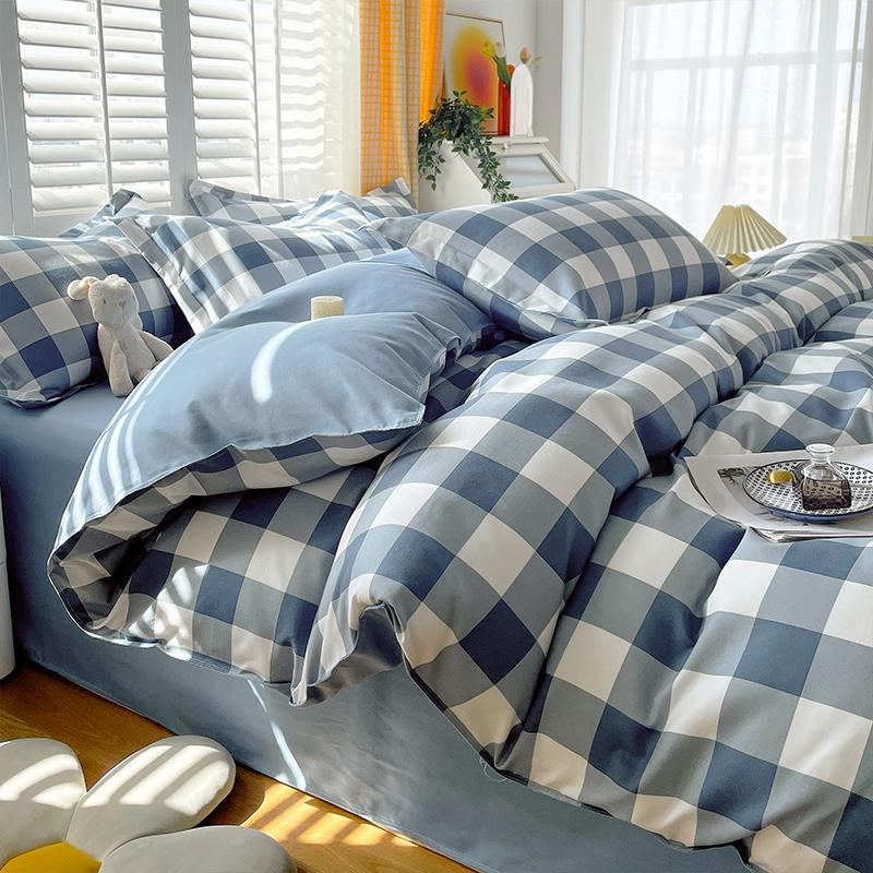 Soft Color Block Checkered Bedding Set Comfy 100% Washed Cotton Blue Plaid Duvet Cover Set King Queen Size Comforter Cover Sheet