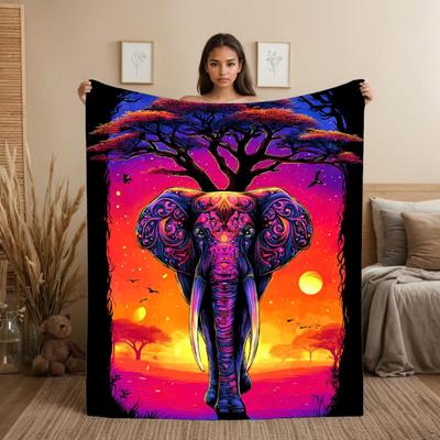 Elefanten und Sonnenuntergang Muster Flanell bedruckte Decke geeignet für alle Jahreszeiten geeignet für Wohnzimmer Büro Sofa Reisen