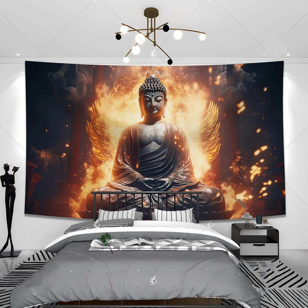 Zen Buddha Tapestry  Serene Meditation  Golden Clouds  Unique Wall Art for Yoga Room Home Decor  Spiritual Gift