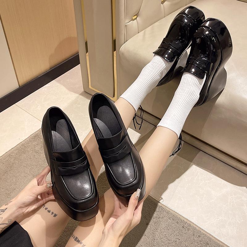 British style small leather shoes women's 2025 autumn new wedge heel high heel Mary Jane shoes platform round head loafers