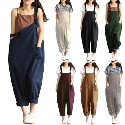 Rompers Women's Long Jumpsuit Bib Pants Sleeveless Shoulder Strap Buttons Casual Loose Playsuit Overalls with Pockets Plus Size Jumpsuit