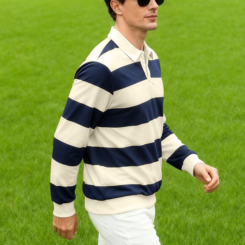 Nou tricou polo cu mânecă lungă pentru bărbați: Tricou Casual cu dungi, Croială Relaxată, Ușor, Stil Matur