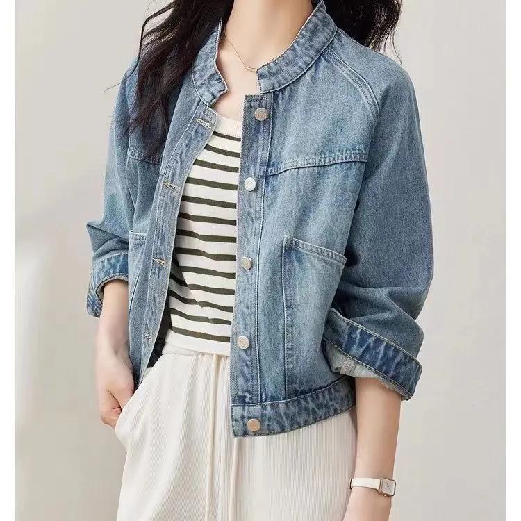 Giacca Corta in Denim Lavato Retro da Donna Primavera e Autunno Collo Alto Maniche Lunghe Top in Denim