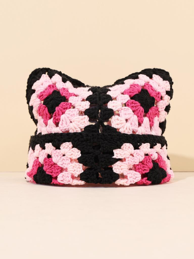 New Handmade Knitting Halloween Versatile Fashion Multi-Color Grandmother Grid Cat Ear Hat Adult Hat