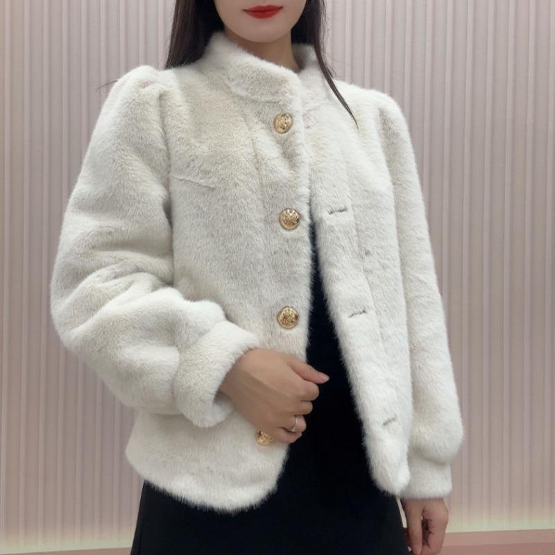 Cappotto Corto di Visone Caldo Spesso Manica Lunga Collo Alto Versatile Capispalla Autunno Inverno