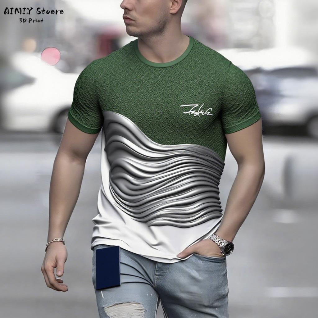 Summer Round Neck 3D Gradient Wave Print Top Fashionable Casual Short Sleeved Men's T-shirts