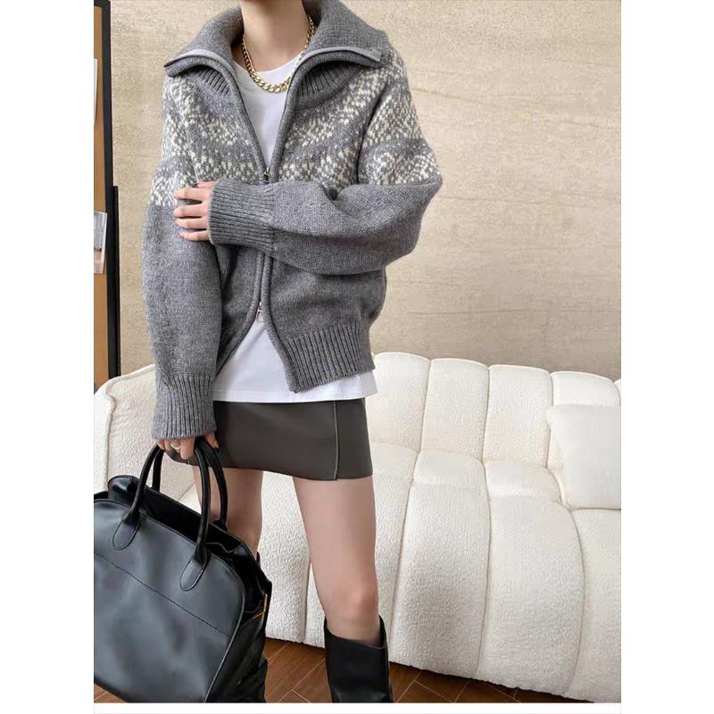 Korean Fashion Autumn Winter Zipper Cardigan Women Sweater Jacket Retro Printed Lapel Loose Knitted Coats Long Sleeve Office Fashion Elegant Clothing