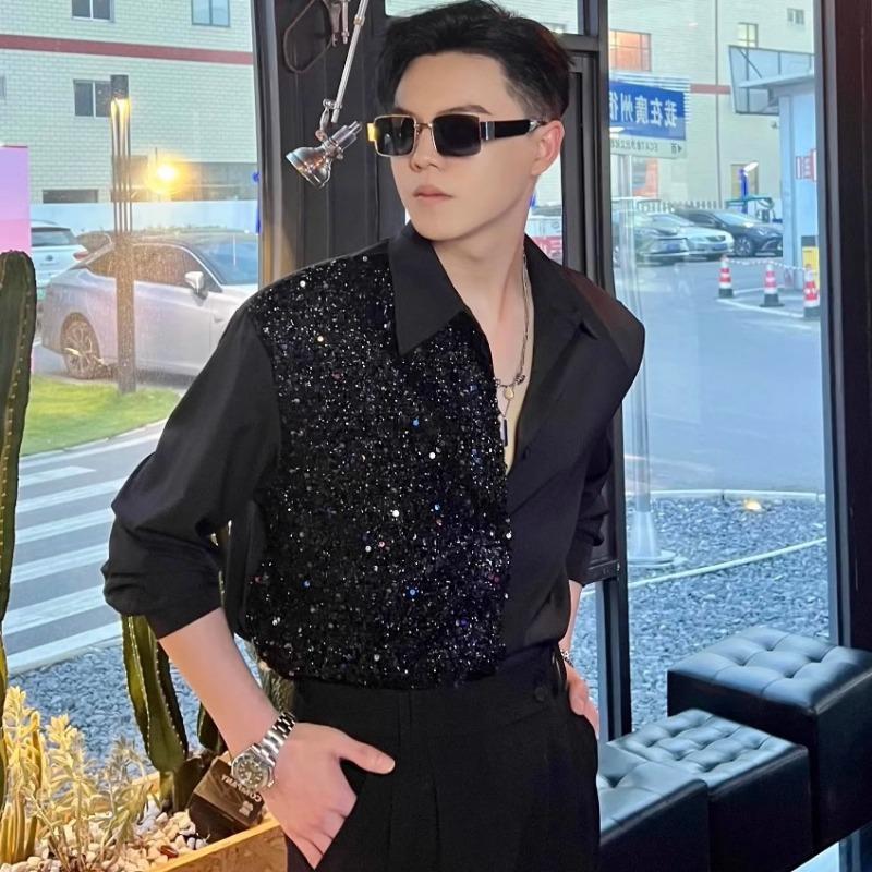

Mens Sequin Panel Long Sleeve Shirt Casual Button Down Shirt for Party and Nightclub S чорний