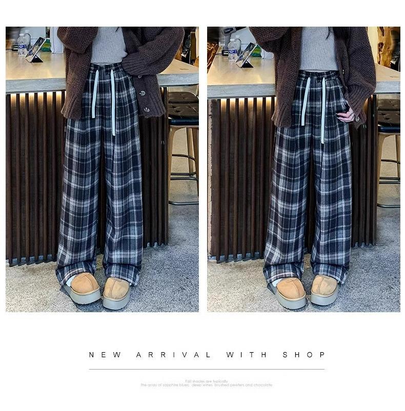 150cm Christmas Plaid Wide-Leg Pants for Petite Women - Autumn & Winter Casual Versatile Outfit