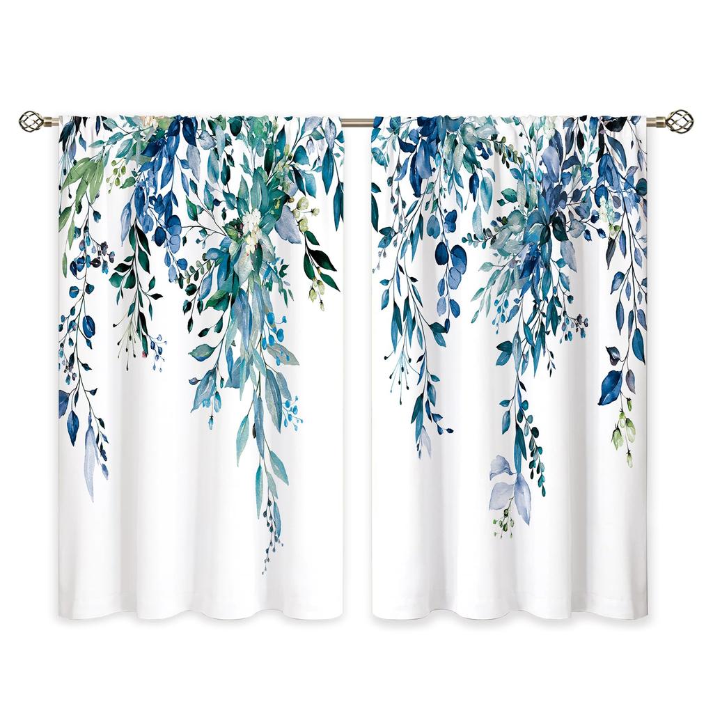 Teal Botanical Eucalyptus Leaves Window Curtains 27.5 x 39 Inches Light Filtering Privacy Privacy Drape for Kitchen Bathroom Bedroom Farmhouse