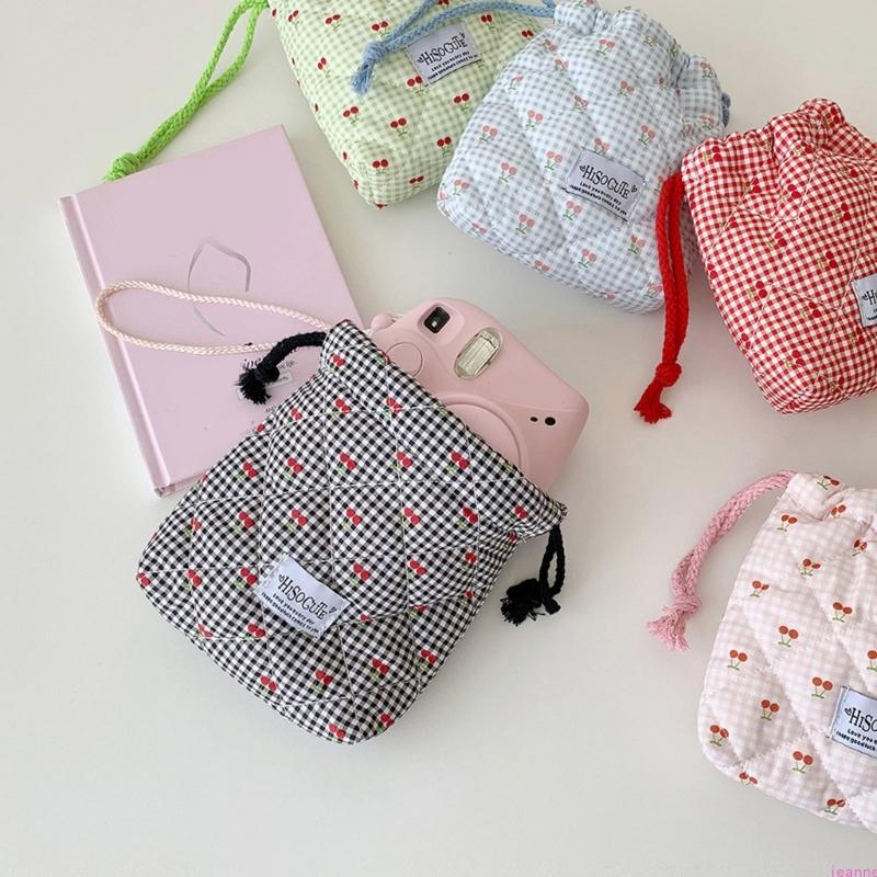Small Cherrys Gingham Drawstring Bag For Travel Storage Organizing Small Items Portable Pouches