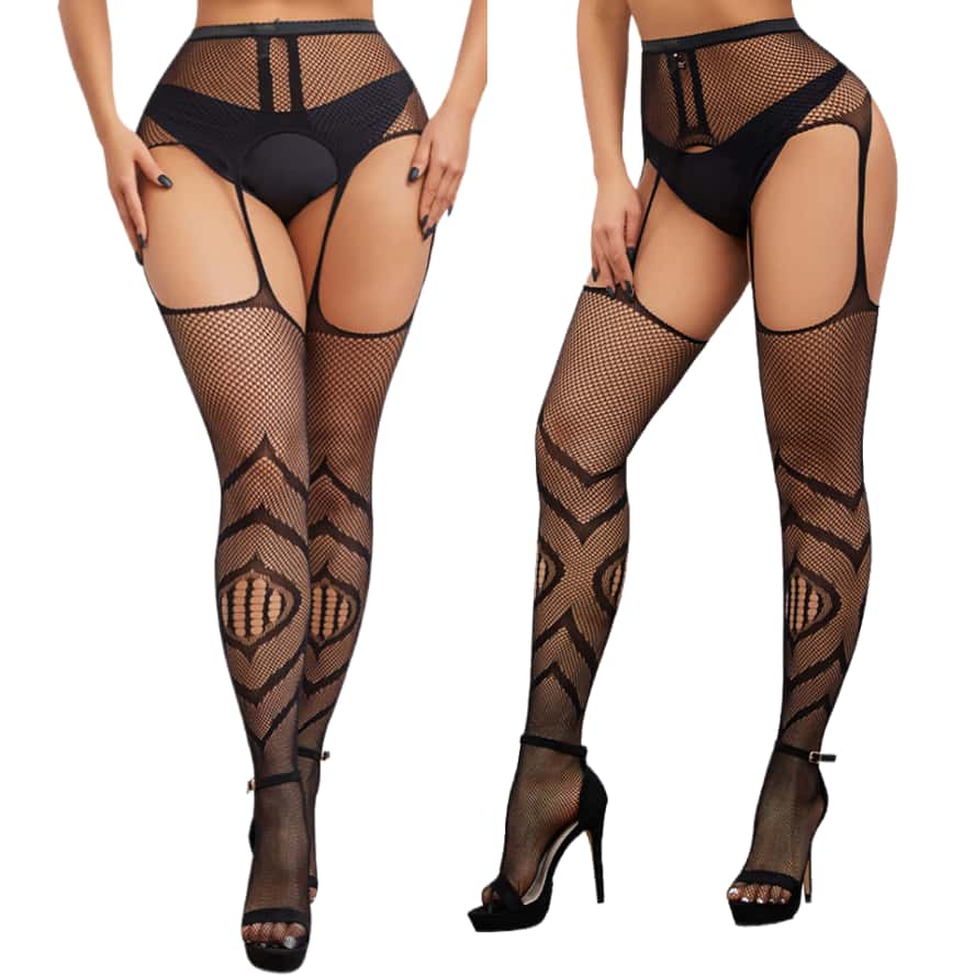 Freeauce Woman Plus Size Fishnets Open Crotchless Pantyhose Knee Thigh High Lace Sexy Stockings With Garter Belt Tights 5Xxxxxl