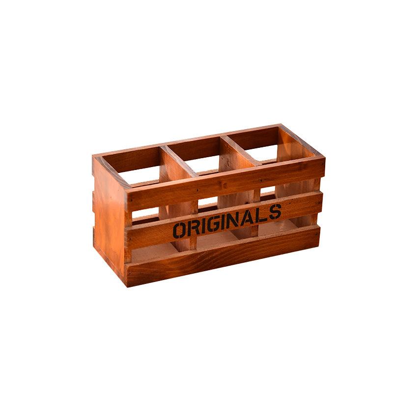 Old Solid Wood Desktop Storage Wooden Box Creative Home Office Three Grid Pen Insert