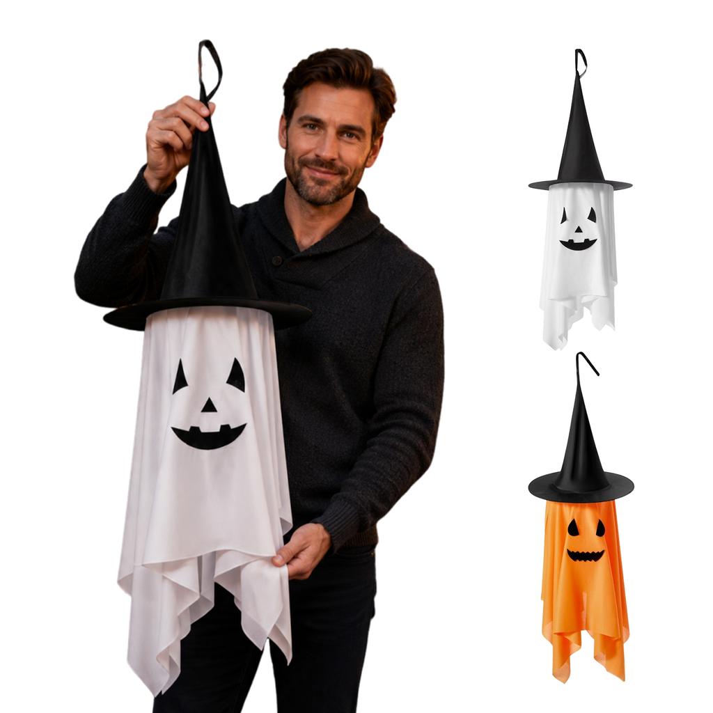 Halloween Hanging Ghost Decoration with Witch Hat Indoor Outdoor Party Ornament Hanging Ghost Figure for Event Venue Decoration