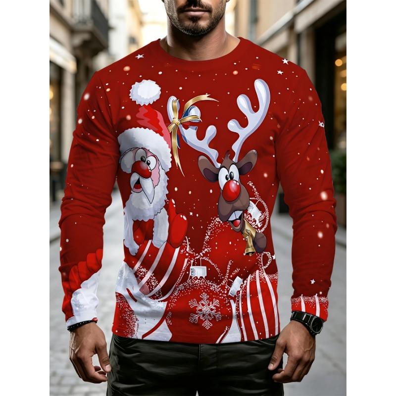 Men's and Unisex Adult Christmas Reindeer and Elk Print Long Sleeve T-Shirt- Arctic Pattern Holiday Sweater Style Top with Elk and Sleigh Design