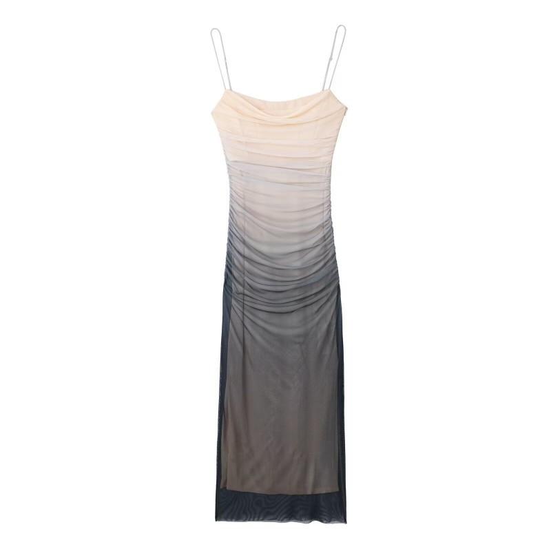 

European American Women s Clothing Fashionable Silk Screen Print Gradient Color Sexy Long Suspender Dress L