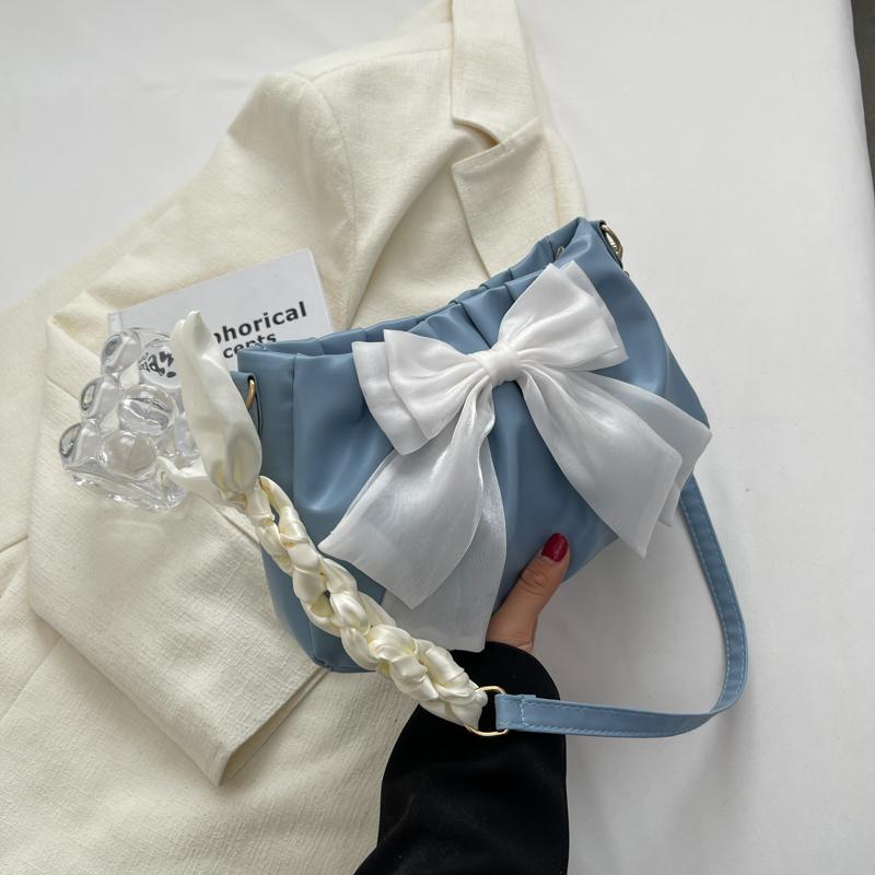 Lovely Bow Handbags for Girls Ladies Fashi Pleated Shoulder Bags for Women Simple Design Female Underarm Bag Casual Tote Purse